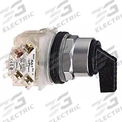 SCHNEIDER Selector Switch: 30 mm Panel Mounting Size, 3 Positions, Extended Lever, DPDT, Metallic (MPN 9001KS53FBH2). Key specifications — AC Contact Rating: 3 A @ 240 V; Action: Momentary/Maintained/Momentary; Cam: C; DC Contact Rating: 0.27 A @ 250 V; Hazardous Location Specification: Not Rated; Operator Head Material: Polycarbonate; Operator Head Type: Long-Handled Knob; Operator Illumination: Non-Illuminated.