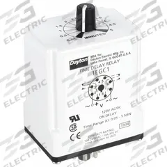 DAYTON Single Function Time Delay Relay: Socket Mounted, 120V AC/DC, 10 A, 8 Pins/Terminals (MPN 1EGC1). Key specifications — Brand: DAYTON.