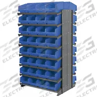 AKRO-MILS Pick Rack: 36 in x 24 in x 60 in, 2 Usable Sides, 16 Shelves, 64 Bins, Shelf Bin, Blue (MPN APRD080B). Key specifications — Bin HxWxD: (64) 6 in x 8-3/8 in x 11-5/8 in; Frame Material: Steel; Frame Color: Gray; Bin Color: Blue; Brand: AKRO-MILS.