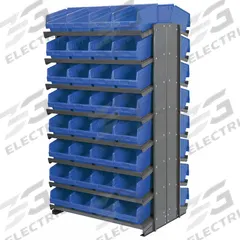 AKRO-MILS Pick Rack: 36 in x 24 in x 60 in, 2 Usable Sides, 16 Shelves, 64 Bins, Shelf Bin, Blue (MPN APRD080B). Key specifications — Bin HxWxD: (64) 6 in x 8-3/8 in x 11-5/8 in; Frame Material: Steel; Frame Color: Gray; Bin Color: Blue; Brand: AKRO-MILS.