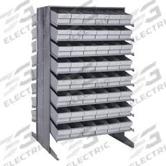 QUANTUM STORAGE SYSTEMS Pick Rack: 36 in x 36 in x 60 in, 2 Usable Sides, 16 Shelves, 96 Bins, Gray (MPN QPRD-602GY). Key specifications — Bin HxWxD: (96) 4-5/8 in x 5-9/16 in x 17-7/8 in; Frame Material: Steel; Frame Color: Gray; Bin Color: Gray; Brand: QUANTUM STORAGE SYSTEMS.