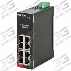 RED LION Ethernet Switch: Unmanaged, DIN Rail, 8 Ports, RJ45, 10/100/1000 Base-T/16 Gbps, IP20 (MPN 1008TX). Key specifications — Port Type: RJ45; Manufacturer Part Number: 1008TX; Brand: RED LION; Features: Jumbo Frame Support; IP Rating: IP20; Maximum Input Voltage: 49V DC; Mounting Location: DIN Rail; Network Interface: 16 Gbps.