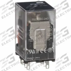 SCHNEIDER General Purpose Relay: Socket Mounted, 12 A Current Rating, 24V DC, DPDT, 8 Pins/Terminals (MPN 792XBXC-24D). Key specifications — Brand: SCHNEIDER; Base Type: Square; Mounting Style: Plug-In; Electrical Connection: Faston Connector; Manufacturer Part Number: 792XBXC-24D; Operating Current: 12 A at 120V AC (Conforming to UL); Series: 792 Series.