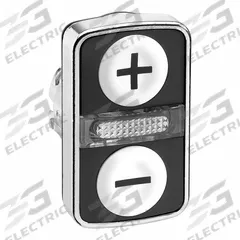 SCHNEIDER ELECTRIC Multihead Operator: Illuminated, 2 Button, Flush Profile, 22 mm Mounting Size (MPN ZB4BW7A1715). Key specifications — Brand: SCHNEIDER; Action: Momentary/Momentary; Legend: +; Series: XB4; Push Button Material Type: Metallic.