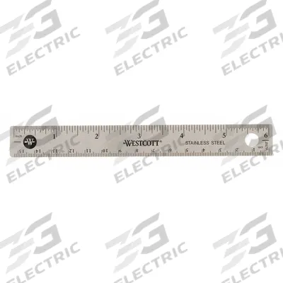 WESTCOTT Ruler: 10414, 6 in, 0.05 in Thick, 1/16 in/1 mm, Clear, Black, Flex - Stainless Steel Rulers