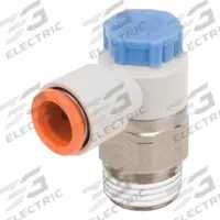 SMC Speed Control Valve: Elbow Fitting, Screw, 3/8 in Valve Body Size, 5/16 in Tube, Meter In (MPN AS3211F-N02-09S). Key specifications — attr947203: Brass/PBT; attr947205: SMC.