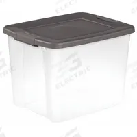 STERILITE Storage Tote: 12.5 gal, 19 7/8 in x 15 1/2 in x 14 3/4 in, Clear Body, Gray Lid, Gray (MPN 19373V06). Key specifications — attr1188666: Plastic; attr1188675: Clear; attr1188676: Gray; attr1188687: STERILITE.