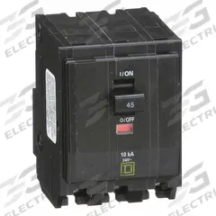 SQUARE D Miniature Circuit Breaker: 45 A, 120/240V AC, Three Phase, 10kA at 120/240V AC, 3 Poles (MPN QO345). Key specifications — Phase: Three; Amps: 45 A; AC Voltage Rating: 120/240V AC; Max. AIR Rating: 10kA at 120/240V AC; For Use With: QO Load Centers and NQ Panelboards; Brand: SQUARE D.