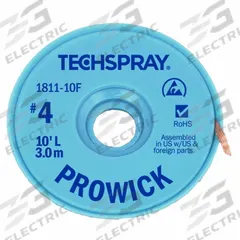 TECHSPRAY Desoldering Braid: Rosin Flux, # 4, 0.098 in, 5 ft, Blue, ESD-Safe (MPN 1811-5F). Key specifications — Color: Blue; Brand: TECHSPRAY; Manufacturer Part Number: 1811-5F.