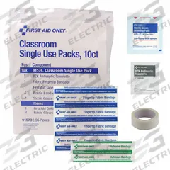FIRST AID ONLY Child Response Kit: Gen Purpose, 24 People Served, 9 Components, Plastic (MPN 91574). Key specifications — Adhesive Bandages Included: (4) 3/4 in x 3 in Plastic Bandages; Application: General Purpose; Brand: FIRST AID ONLY; Housing Color: Clear; Housing Material: Plastic; Includes Oral or Inhalant Medication: No Medication Included; Mountable: Portable; Oral and Inhalant Medicinals Included: No Oral/Inhalant Medicinals.