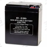 APPROVED VENDOR Sealed Lead Acid Battery: 6V DC, 8.5 Ah Capacity, 4.65 in Ht, 2.24 in Wd, 3.9 in Dp (MPN 2UKK3). Key specifications — Terminal Connection: 0.187 in Faston; Battery Cycle Type: Deep Cycle; Brand: APPROVED VENDOR; Housing Material: ABS.