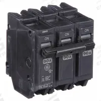 GE Miniature Circuit Breaker: THQL, 90 A, 120/240V AC, Three Phase, 10kA at 120/240V AC, Std (MPN THQL32090). Key specifications — Amps: 90 A; AC Voltage Rating: 120/240V AC; Phase: Three; Max. AIR Rating: 10kA at 120/240V AC; For Use With: Power Mark Gold Load Centers and AQ Lighting Panels.