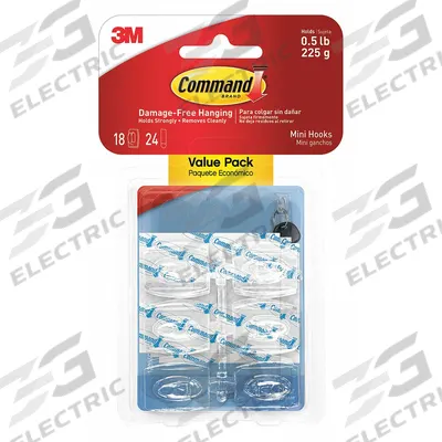 COMMAND Hook Set: 1/2 lb Wt Capacity, 1 Points per Hook, Clear, 1 in Overall Ht - Adhesive-Backed Utility Hooks