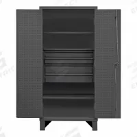 DURHAM MFG Pegboard Cabinet: 36 in x 24 in x 78 in, Swing Handle & Padlock Hasp, 12 ga Panel Thick (MPN HDCDB243678-4M95). Key specifications — attr62698: Gray; attr62736: Welded; attr87895: Legs; attr62693: Assembled; attr62737: Stationary; attr62694: Adjustable; attr62695: Powder Coated; attr62696: Steel.