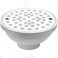OATEY Floor Drain: 6 5/8 in Overall Dia, 6 3/4 in Grate Size, 2 in Nominal Pipe Size, Solvent Weld (MPN 43596). Key specifications — Color: White; Connection Type: Solvent Weld; Brand: OATEY; Includes: Screw-In Strainer.