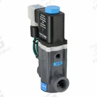PLAST-O-MATIC Solenoid Valve: 2-Way, Normally Closed, 1/2 in Pipe Size, 120V AC, Inline Single (MPN EASYMT4V12W24-120/60-PV). Key specifications — Pipe Size: 1/2 in; Voltage: 120V AC; Brand: PLAST-O-MATIC; Coil Enclosure: Watertight.