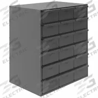 DURHAM MFG Drawer Bin Cabinet: 17 1/4 in x 12 1/4 in x 21 1/4 in, 18 Drawers, Stackable, Steel, Gray (MPN 006-95). Key specifications — Cabinet Material: Steel; Includes Dividers: Yes; Cabinet Finish: Powder Coated; Drawer Color: Gray; Cabinet Style: Drawer; Assembled: Assembled; Drawer Inside WxDxH: (18) 5-15/32 in x 11-1/4 in x 3-3/16 in; Cabinet Color: Gray.