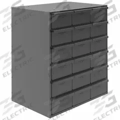 DURHAM MFG Drawer Bin Cabinet: 17 1/4 in x 12 1/4 in x 21 1/4 in, 18 Drawers, Stackable, Steel, Gray (MPN 006-95). Key specifications — Cabinet Material: Steel; Includes Dividers: Yes; Cabinet Finish: Powder Coated; Drawer Color: Gray; Cabinet Style: Drawer; Assembled: Assembled; Drawer Inside WxDxH: (18) 5-15/32 in x 11-1/4 in x 3-3/16 in; Cabinet Color: Gray.
