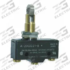 OMRON Snap Action Switch: Plunger Actuator, 1NO/1NC, Screw (MPN A-20GQ21-B). Key specifications — AC Contact Rating: 20 A @ 480 V; Electrical Connection: Screw; Series: A; Brand: OMRON.
