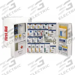 FIRST AID ONLY First Aid Kit and Housing: 203 Components, ANSI/ISEA Z308.1-2021, Type I/II, Class A (MPN 90580-021). Key specifications — ANSI Standard Met: ANSI/ISEA Z308.1-2021; Adhesive Bandages Included: (50) Bandages; Oral and Inhalant Medicinals Included: No Oral/Inhalant Medicinals; Topical Medicinals Included: (10) Burn Cream Packets; Wound Dressings Included: Elastic Bandage; Unitized: Unitized.
