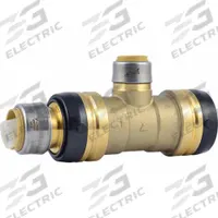 SHARKBITE Push-Fit Tee Fitting: 1 7/8 in OD x 1 1/2 in OD x 3/4 in OD Size, Brass, Reducer, Swivel (MPN UXL08414122). Key specifications — Brand: SHARKBITE.