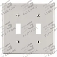 HUBBELL Wall Plate: Toggle, 2 Gang, Almond, Midsize Size (MPN PJ2LA). Key specifications — Brand: HUBBELL; Material: Polycarbonate.