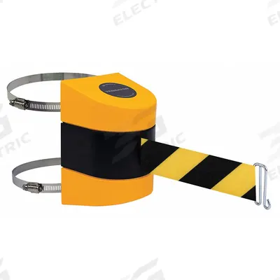 TENSABARRIER Retractable Belt Barrier: Hose Clamp Mounting Plate, 15 ft Belt Lg, Pattern - Rack-Mount Retractable Belt Barriers