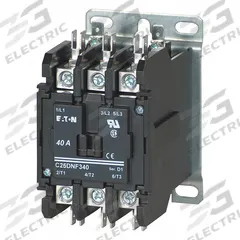 EATON Definite Purpose Magnetic Contactor: 3 Poles, 208-240V AC, 40 A, Non-Reversing (MPN C25DNF340B). Key specifications — Brand: EATON; Coil Voltage: 208-240V AC; Contactor Style: HVACR Definite Purpose Contactor; Frame Size: D; Terminal Connection Type: Quick-Disconnect Terminals; Maximum Voltage Rating: 690V AC; Series: C25 Series; Phase: Three.