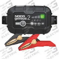 NOCO Battery Charger: Charging/Maintaining, Auto, Auto On/Off, 6.4 ft Cable Lg, 2 A @ 12V/2 A @ 6V (MPN GENIUS2). Key specifications — Automatic/Manual: Automatic; Charging Current @ Voltage: 2 A @ 12V; Charge Type: Auto On/Off; Maintaining Current @ Voltage: 2 A @ 6V; Charger Function: Maintaining; For Use With Battery Type: AGM; Brand: NOCO.