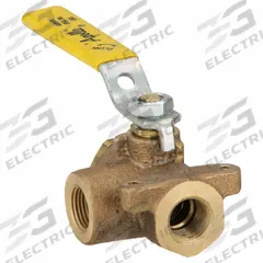 APOLLO Manual Three-Way Ball Valve: 3/8 in, Bronze, L Flow, FNPT x FNPT x FNPT, Std Port Ball Port (MPN 7060201). Key specifications — Brand: APOLLO; Handle: Lever.