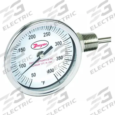 Dwyer Dial Thermometer: 50°F to 400°F, ±2%Full Scale Accuracy, 6 in Stem Lg - Side- & Bottom-Mount Fixed-Angle Thread-Mount Dial Thermometers