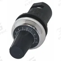 EATON Potentiometer: 22 mm Panel Mounting Size, 470,000 ohm Max Resist Rating, Series M22 (MPN M22-R470K-RH). Key specifications — Manufacturer Part Number: M22-R470K-RH; Series: M22; Brand: EATON; Includes Dial Plate: Dial Plate Included; Knob Style: Oversized; Bezel Style: Non-Metallic (Silver).