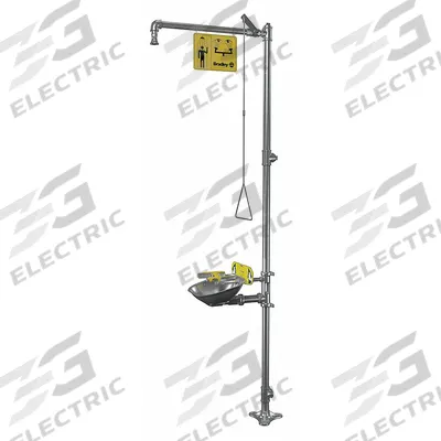 BRADLEY Shower with Eyewash: Floor Mnt, Uncovered, Stainless Steel Bowl - Floor-Mount Showers with Eyewash