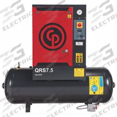 CHICAGO PNEUMATIC Rotary Screw Air Compressor: Horizontal, 7 1/2 hp, 21.2 cfm, 60 gal Tank, 230V AC (MPN QRS 7.5 HP). Key specifications — attr48606: Single; attr48593: 230V AC; attr48578: CHICAGO PNEUMATIC; attr110305: Not Included.