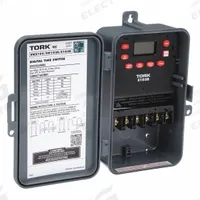 TORK Electronic Timer: 24 hr, Not Astronomic, 120-277V AC, DPST, Digital (MPN E103B). Key specifications — Body Material: Plastic; Indoor/Outdoor Usage: Outdoor; Astronomic Functionality: Not Astronomic; Mounting Style: Surface; Brand: TORK.