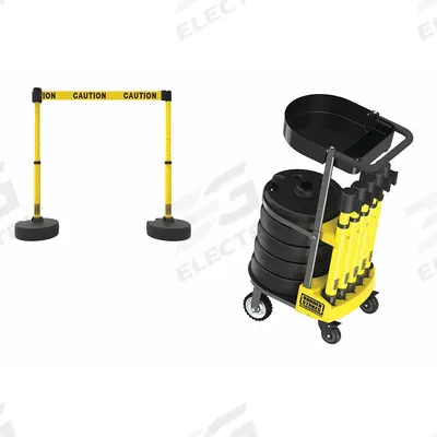 BANNER STAKES Belt Barrier System: 42 in Post Ht, 15 ft Belt Lg, Yellow, 4 No. of Posts - Mobile Retractable Belt Barrier Systems