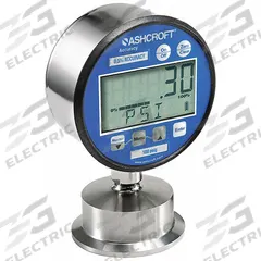 ASHCROFT Digital Pressure Gauge: 0 psi to 100 psi, 3 in Dial, 1 1/2 in Tri-Clamp, Bottom, 2030 (MPN 302232SD15LXBLCYLMU2100#). Key specifications — attr1107294: ASHCROFT; attr1107160: Line-Powered; attr1107167: Stainless Steel; attr1107168: Polyester; attr1107165: Digital Sanitary Pressure Gauge; attr1107218: ±0.25%; attr1107231: No; attr1107233: 2030.