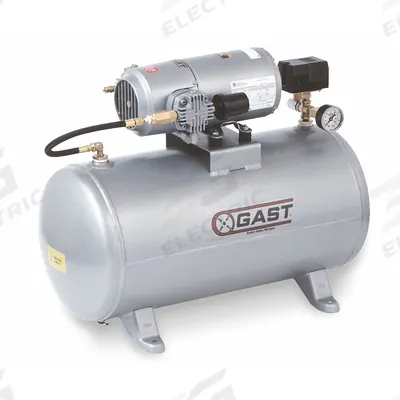 GAST Electric Air Compressor: 0.33 hp, 1 Stage, Horizontal, 12 gal, 1.1 cfm - Oil Free Stationary Electric Air Compressors