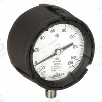 ASHCROFT Process Compound Gauge: 0 psi to 150 psi, White, 4 1/2 in Dial, 1/2 in NPT Male, Bottom (MPN 451259SD04LV/150#). Key specifications — Brand: ASHCROFT; Pointer Color: Black; Accuracy: ±0.5%; Dial Color: White; Gauge Wetted Parts: Stainless Steel; Case Material: PBT; Vibration Resistance Properties: None; Pressure Range: 0 psi to 150 psi.