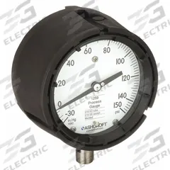 ASHCROFT Process Compound Gauge: 0 psi to 150 psi, White, 4 1/2 in Dial, 1/2 in NPT Male, Bottom (MPN 451259SD04LV/150#). Key specifications — Brand: ASHCROFT; Pointer Color: Black; Accuracy: ±0.5%; Dial Color: White; Gauge Wetted Parts: Stainless Steel; Case Material: PBT; Vibration Resistance Properties: None; Pressure Range: 0 psi to 150 psi.