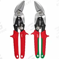 MILWAUKEE Aviation Snip Set: Left/Right, 10 in Overall Lg, 1 1/2 in Cutting Lg, Forged Steel, TPR (MPN 48-22-4553). Key specifications — attr308531: TPR; attr308530: Forged Steel; attr308532: TPR; attr308533: No; attr308535: Thin Metal, Aluminum, Metal; attr308546: Right; attr324897: MILWAUKEE.