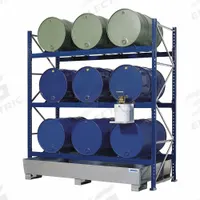 DENIOS Drum Dispensing Racks & Trucks: 96 in x 36 in x 96 in, For 9 Drums, 3 Levels, Blue (MPN K34-1117). Key specifications — Weight Capacity Per Level: 2,200 lb (Bottom); Color/Finish: Blue; For Drum Capacity: 55 gal; Brand: DENIOS.