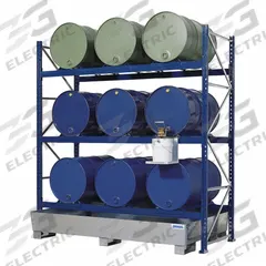 DENIOS Drum Dispensing Racks & Trucks: 96 in x 36 in x 96 in, For 9 Drums, 3 Levels, Blue (MPN K34-1117). Key specifications — Weight Capacity Per Level: 2,200 lb (Bottom); Color/Finish: Blue; For Drum Capacity: 55 gal; Brand: DENIOS.
