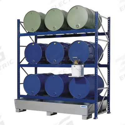 DENIOS Drum Dispensing Racks & Trucks: 96 in x 36 in x 96 in, For 9 Drums, 3 Levels - Drum Storage Racks