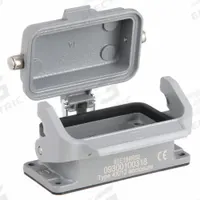 HARTING Rectangular Connector Housing: Size 10 B, Bulkhead Mount, Gray, Aluminum Die-Cast, IP65 (MPN 09300100318). Key specifications — IP Rating: IP65; Size Designation: 10 B; Seal Material: NBR; Locking Type: Single Lever; Brand: HARTING; Primary Material: Aluminum; Operating Temperature Range: -40 to 125 Degrees C.