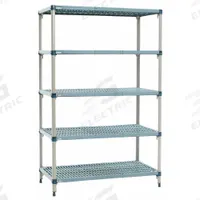 METRO Shelf Plastic Industrial Shelving (5): 18 in x 36 in, 74 in Overall Ht, 5 Shelves (MPN 5Q337G3). Key specifications — Resistance Properties: Antimicrobial; Shelf Adjustment Type: Quick-Adjust; Frame Material: Steel; Shelving Material: Polymer; Brand: METRO.