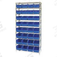 QUANTUM STORAGE SYSTEMS Bin Shelving: 36 in x 18 in x 74 in, 1 Sided, 32 Bins, Open, Shelf Bin, Blue (MPN WR9-208BL). Key specifications — Includes Bins: Yes; Bin Material: Polypropylene; Frame Color: Silver; Bin HxWxD: (32) 6 in x 8-3/8 in x 17-7/8 in; Frame Material: Steel; Bin Color: Blue; Bin Style: Shelf; Brand: QUANTUM STORAGE SYSTEMS.