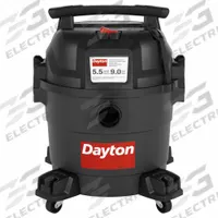 DAYTON Shop Vacuum: 9 gal Tank Size, Plastic, 1 7/8 in Vacuum Hose Dia, 6 ft Hose Lg, Wet/Dry, Std (MPN 807HR6). Key specifications — Tank Material: Plastic; Vacuum Pickup Type: Wet/Dry; Brand: DAYTON; Special Features: Quiet Technology.