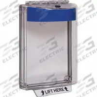 SAFETY TECHNOLOGY INTERNATIONAL Universal Stopper Cover: Polycarbonate, 2 11/16 in Overall Dp (MPN STI-13020NB). Key specifications — Manufacturer Part Number: STI-13020NB; Brand: SAFETY TECHNOLOGY INTERNATIONAL; Color: Clear; For Location: Indoor; For Use With: Intercom Stations; IP Rating: IP56; Includes: Mounting Hardware; Legend: LIFT HERE.