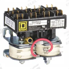 SQUARE D Hoist Contactor: 3 Poles, 24V AC, Reversing, Std Contactor Frame Size (MPN 8965RO10V01). Key specifications — Brand: SQUARE D; Coil Voltage: 24V AC; Contactor Style: Hoist Definite Purpose Contactor; Terminal Connection Type: Quick-Disconnect Terminals; Maximum Voltage Rating: 600V AC; Series: 8965 Series Type R; Phase: Three; Main Pole Contact Form: 3NO.